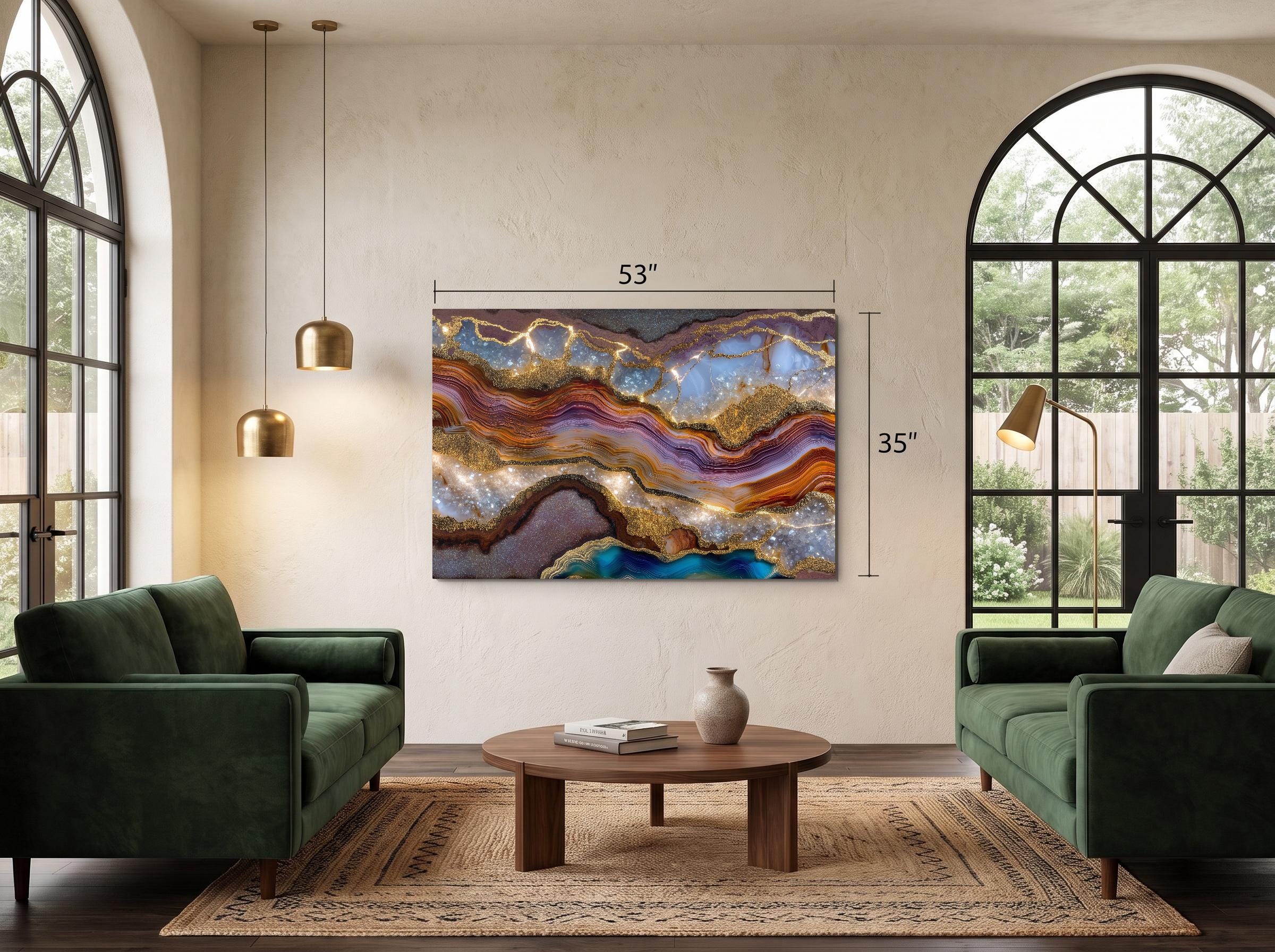 Aurean Strata Crystal Acrylic Wall Art, Amber Gold Mineral Artwork, Luxury Living Room Decor