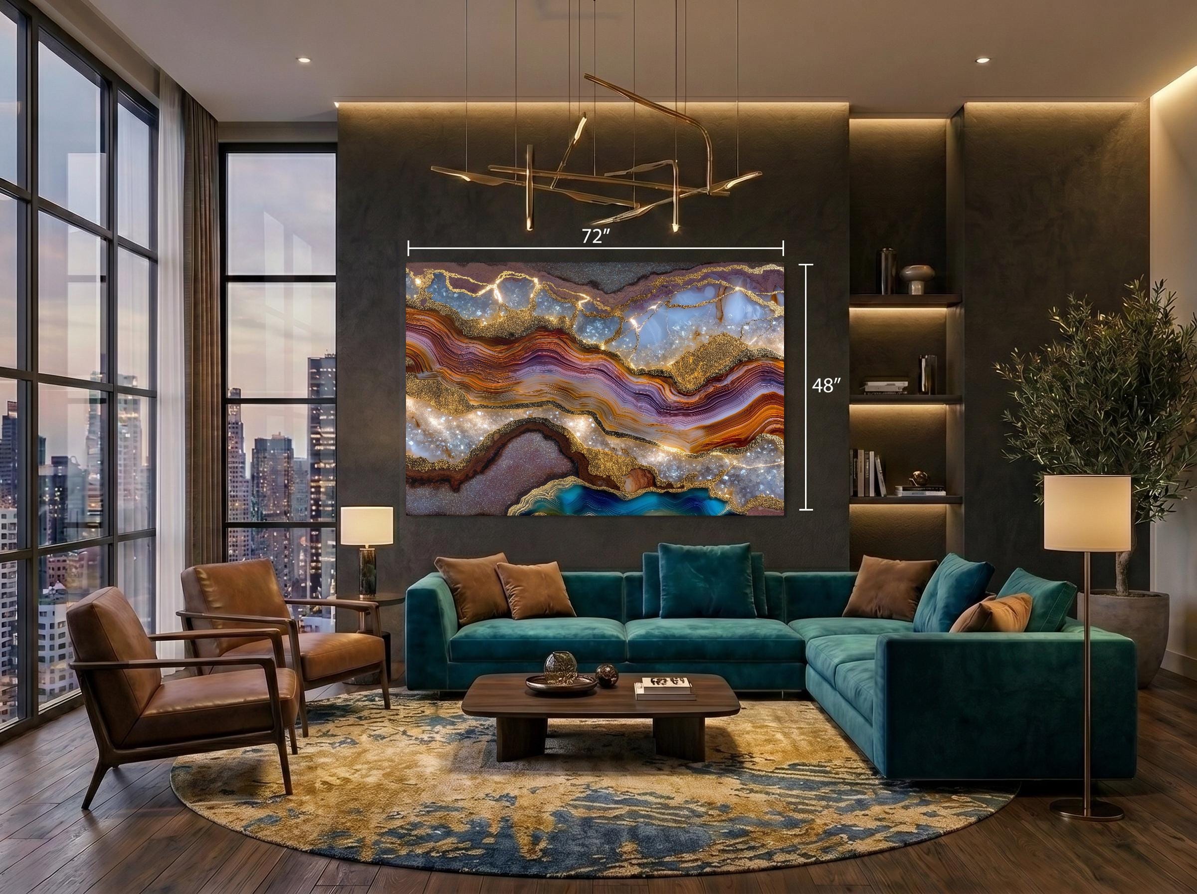 Aurean Strata Crystal Acrylic Wall Art, Amber Gold Mineral Artwork, Luxury Living Room Decor