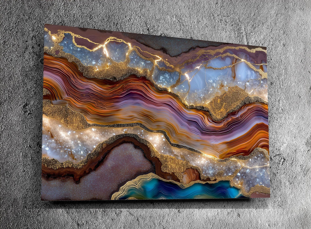 Aurean Strata Crystal Acrylic Wall Art, Amber Gold Mineral Artwork, Luxury Living Room Decor