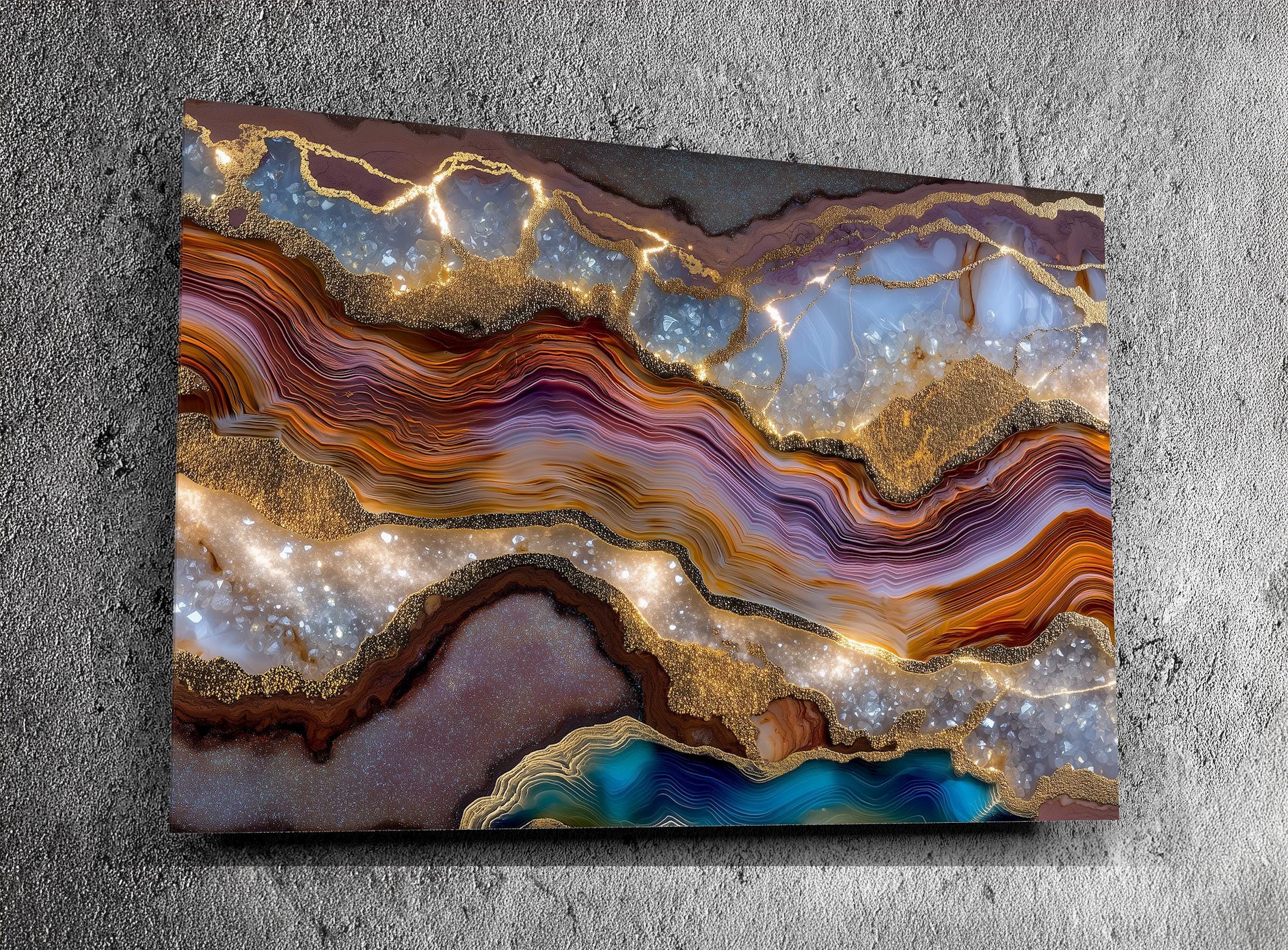 Aurean Strata Crystal Acrylic Wall Art, Amber Gold Mineral Artwork, Luxury Living Room Decor