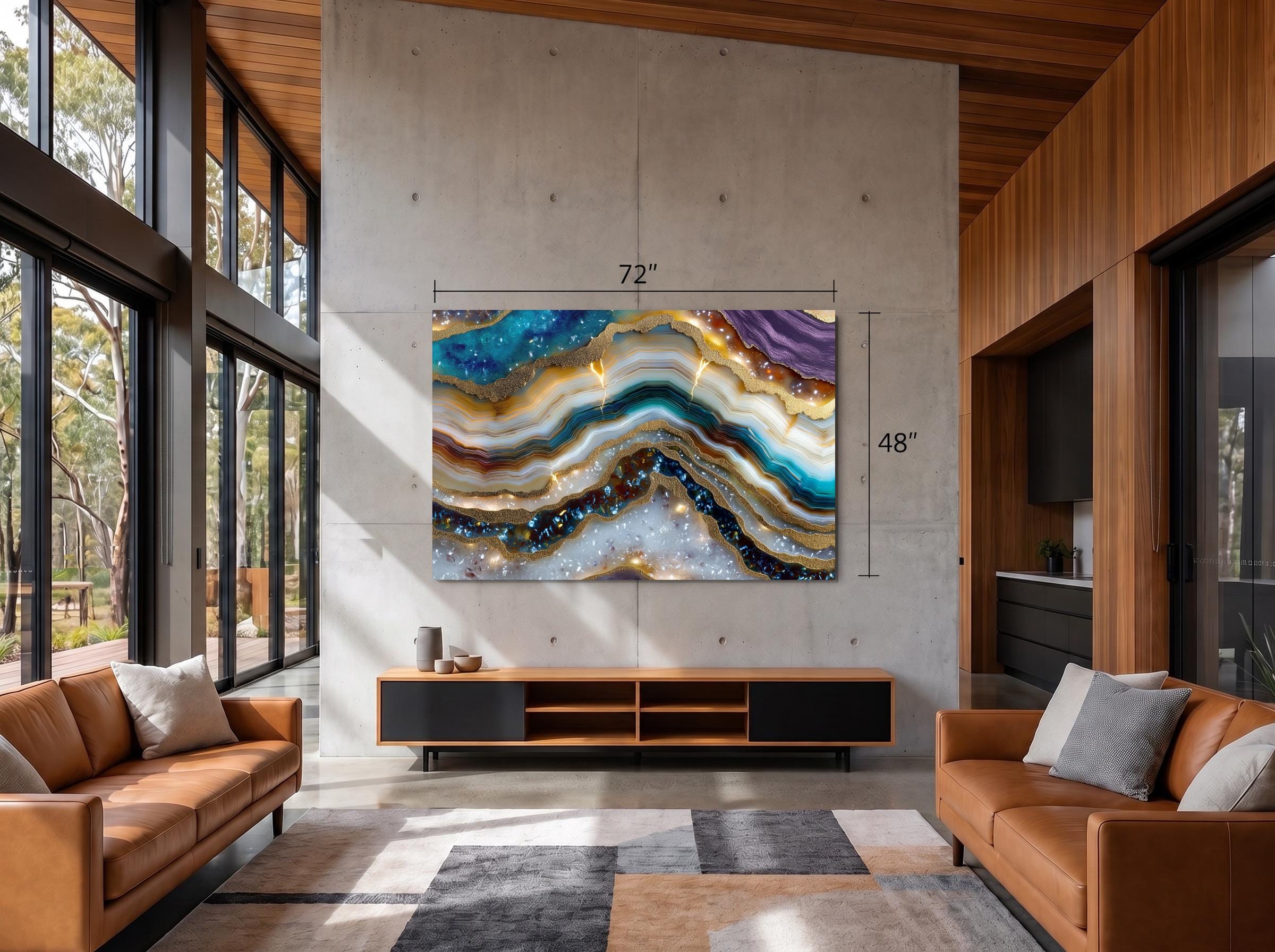 Aurean Strata Crystal Acrylic Wall Art, Amber Gold Mineral Artwork, Luxury Living Room Decor