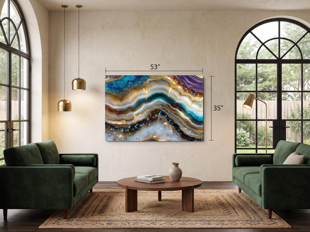 Aurean Strata Crystal Acrylic Wall Art, Amber Gold Mineral Artwork, Luxury Living Room Decor