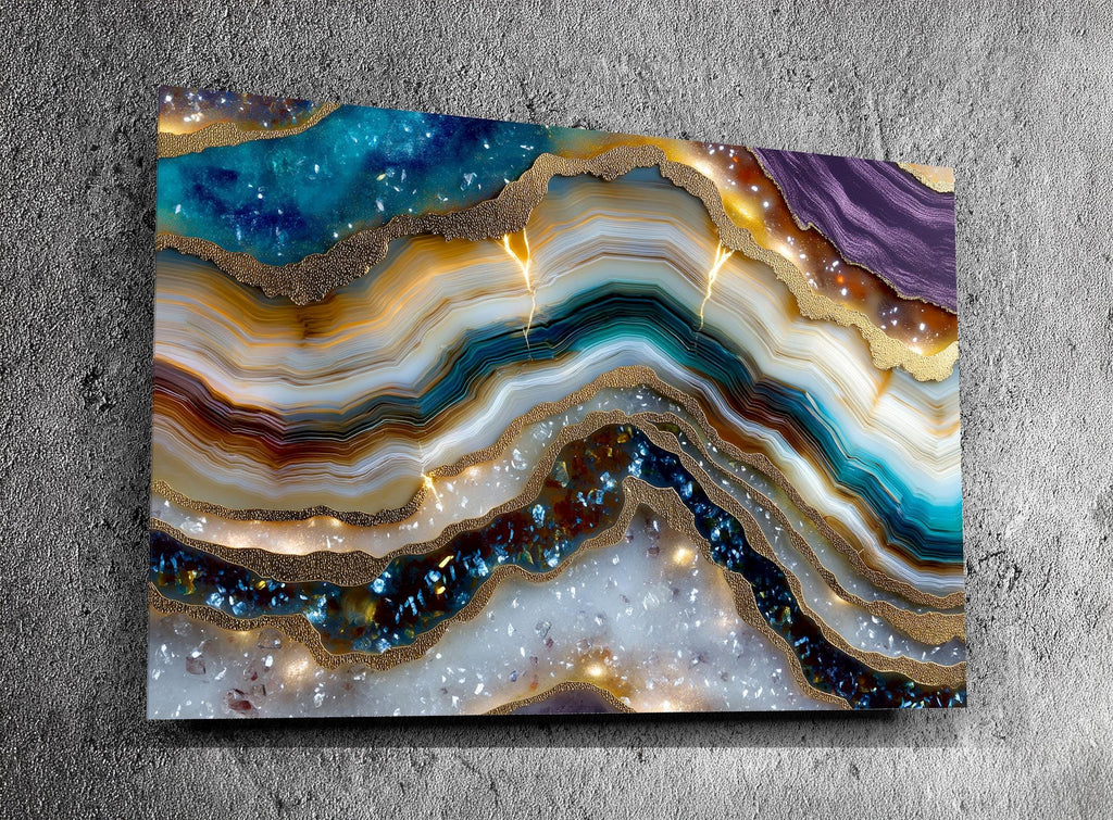 Aurean Strata Crystal Acrylic Wall Art, Amber Gold Mineral Artwork, Luxury Living Room Decor