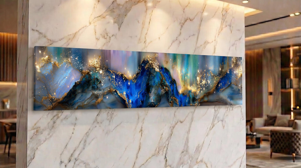 Azure Gilded Horizon Crystal AcrylGlass Wall Art, Panoramic Abstract Decor