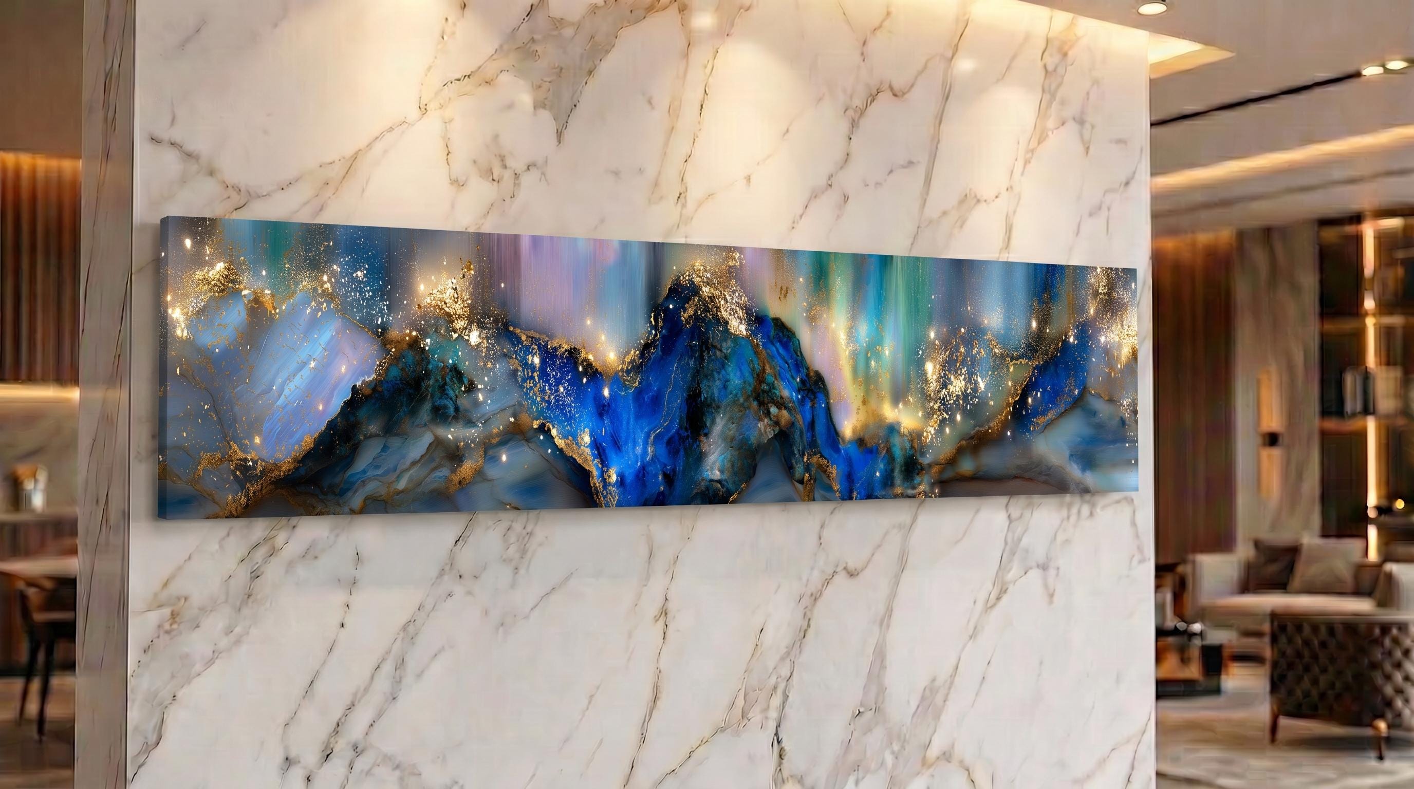 Azure Gilded Horizon Crystal AcrylGlass Wall Art, Panoramic Abstract Decor