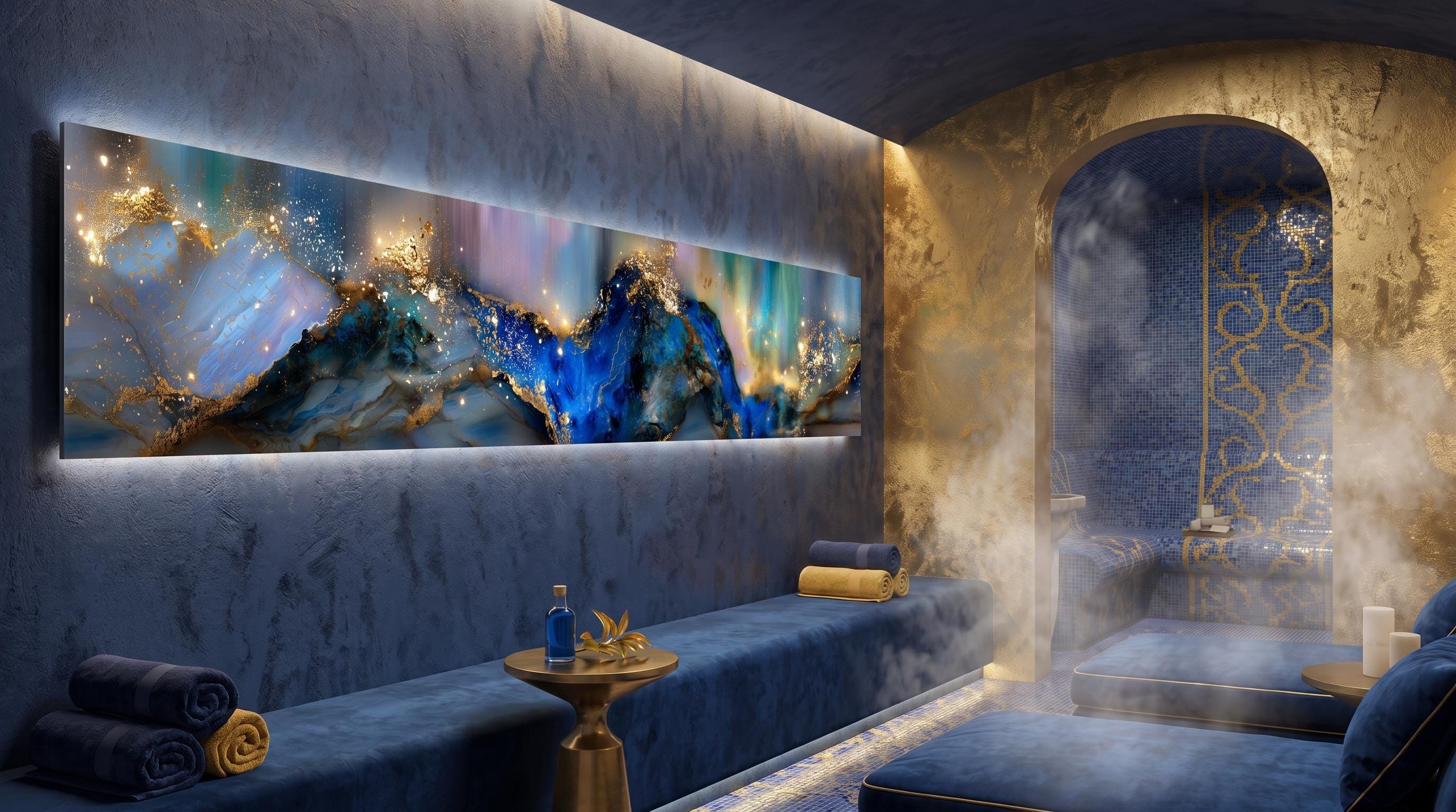Azure Gilded Horizon Crystal AcrylGlass Wall Art, Panoramic Abstract Decor