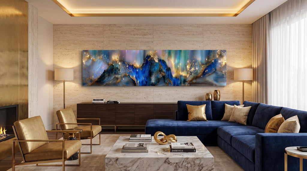 Azure Gilded Horizon Crystal AcrylGlass Wall Art, Panoramic Abstract Decor