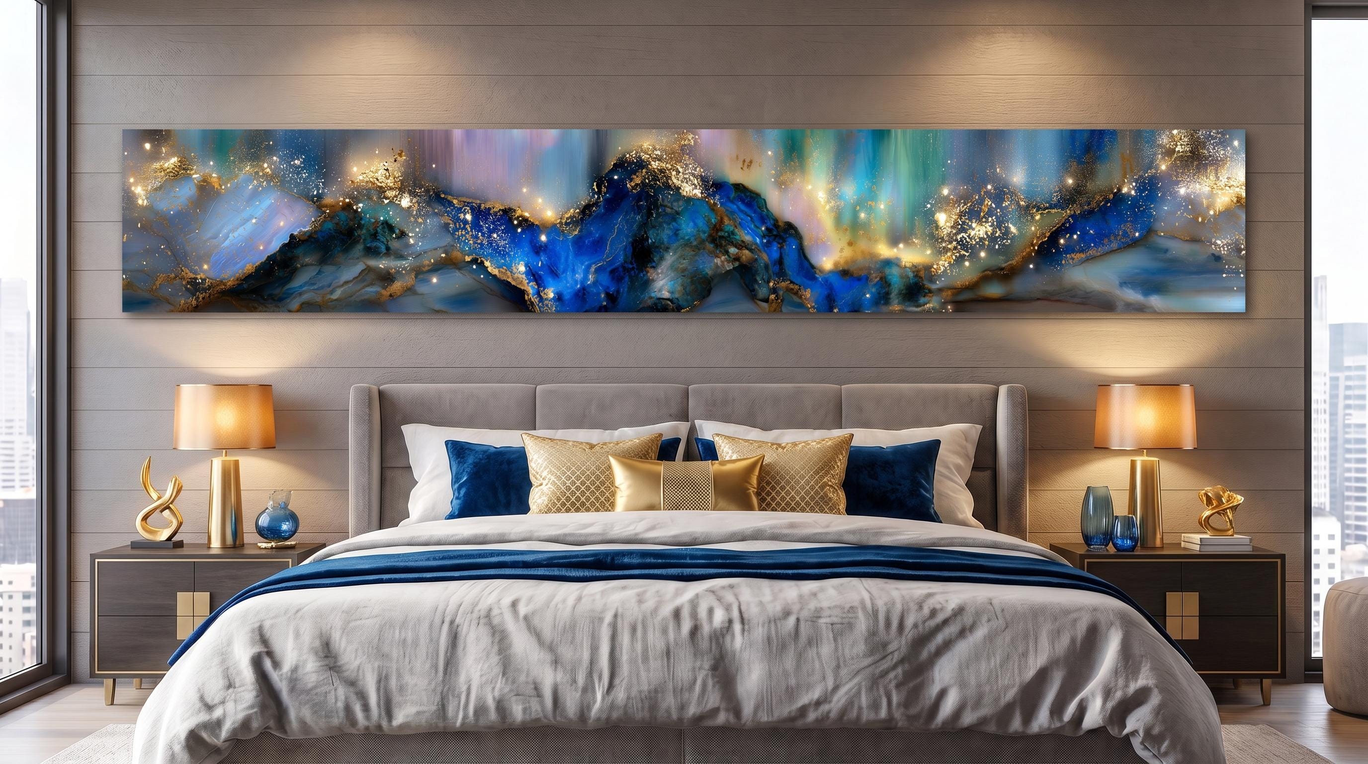 Azure Gilded Horizon Crystal AcrylGlass Wall Art, Panoramic Abstract Decor