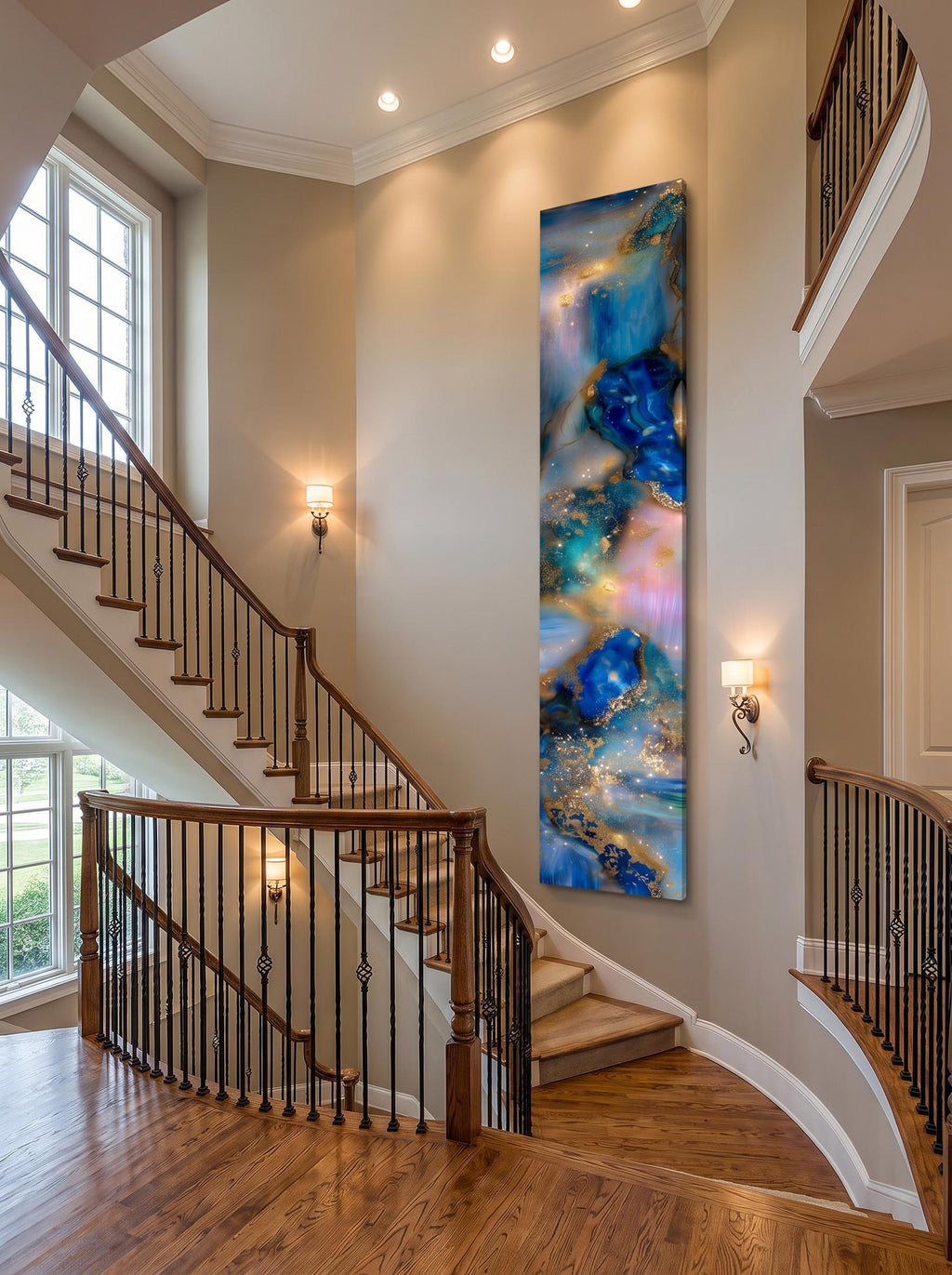 Opaline Skyfall AcrylGlass Wall Art, Vertical Blue Gold Abstract Luxe Panel