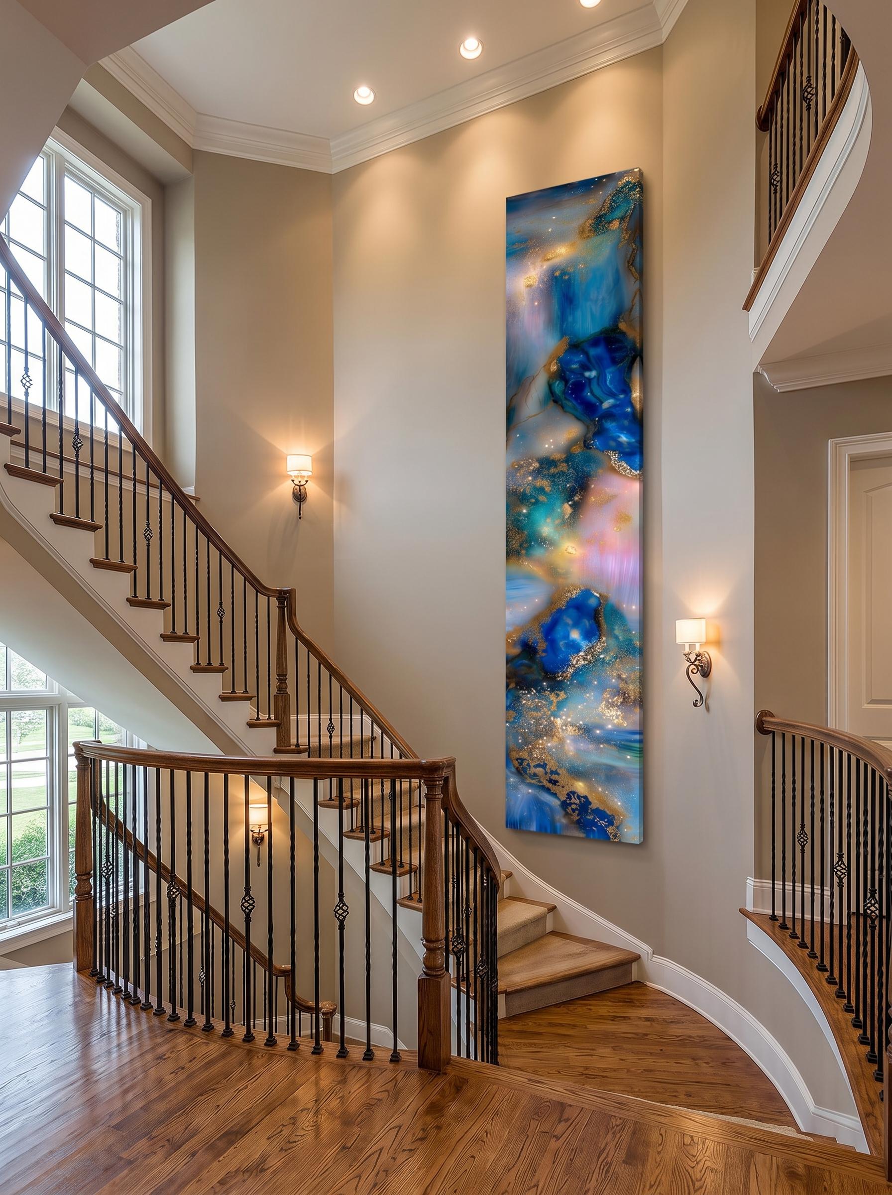 Opaline Skyfall AcrylGlass Wall Art, Vertical Blue Gold Abstract Luxe Panel