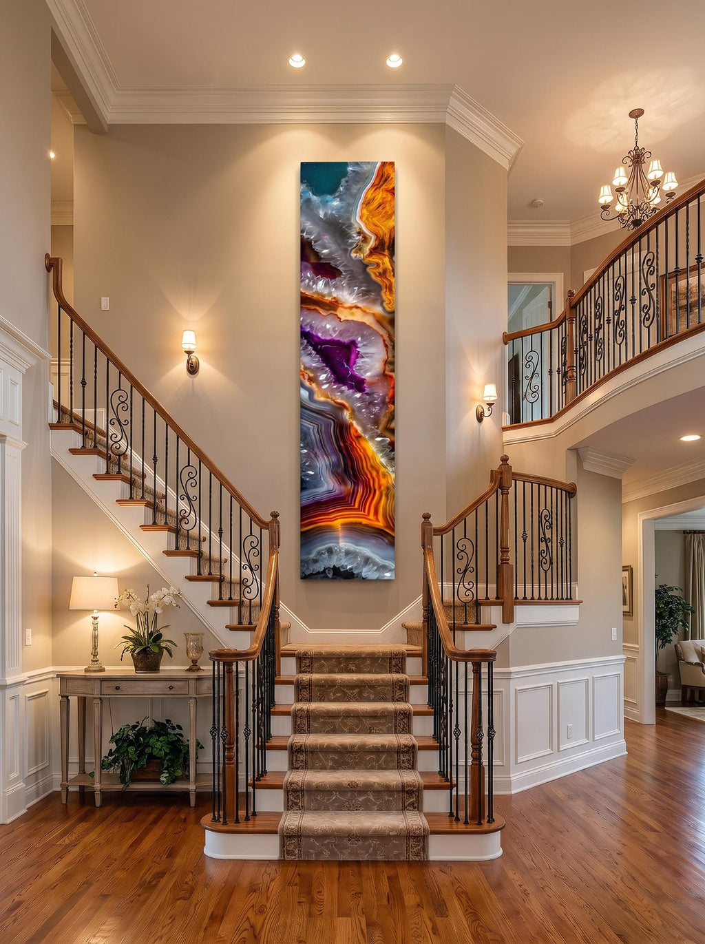 Geode Ember Rift Ascend, Luxury Crystal AcrylGlass Wall Art for Staircase & Fireplace