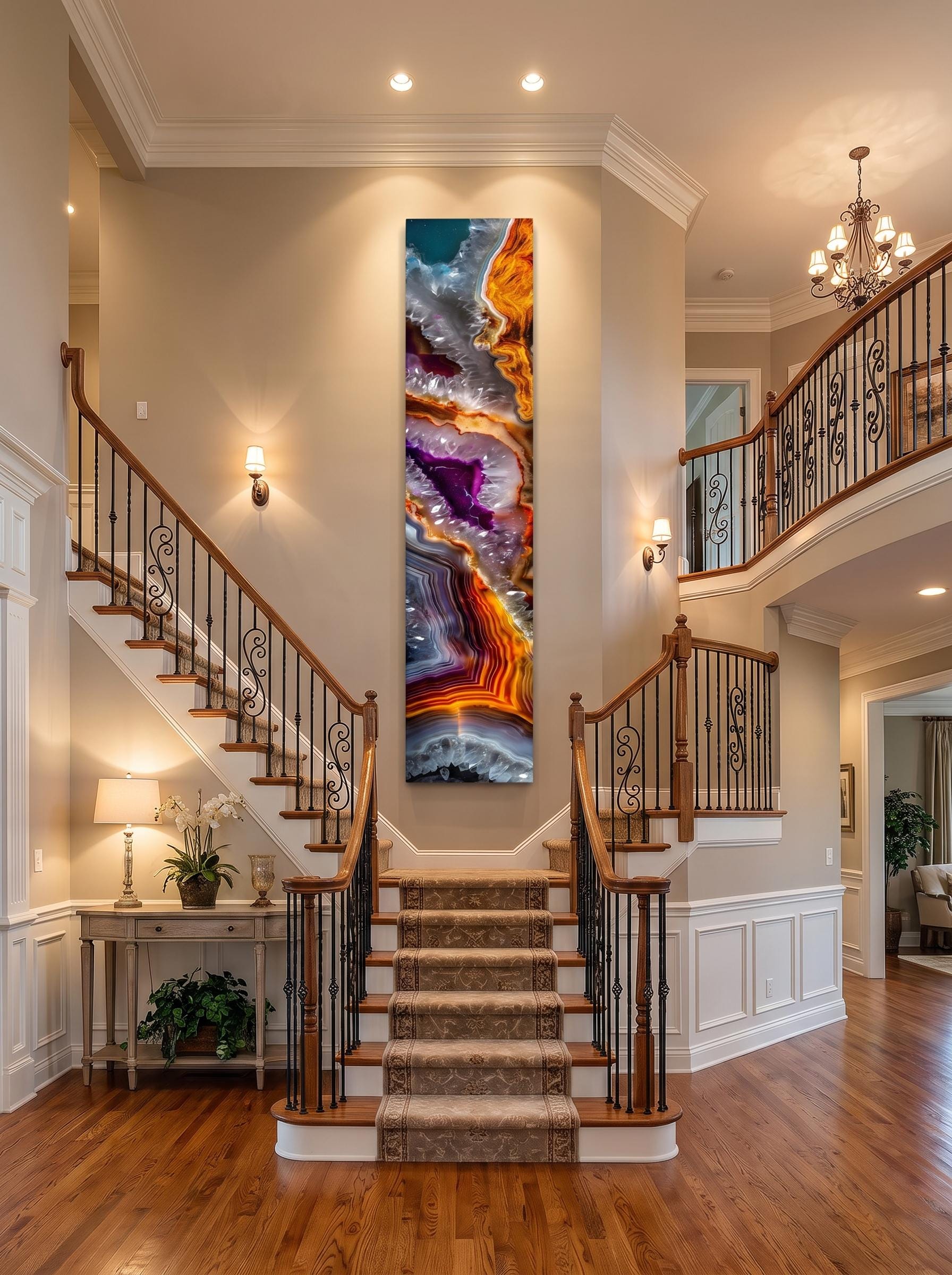 Geode Ember Rift Ascend, Luxury Crystal AcrylGlass Wall Art for Staircase & Fireplace