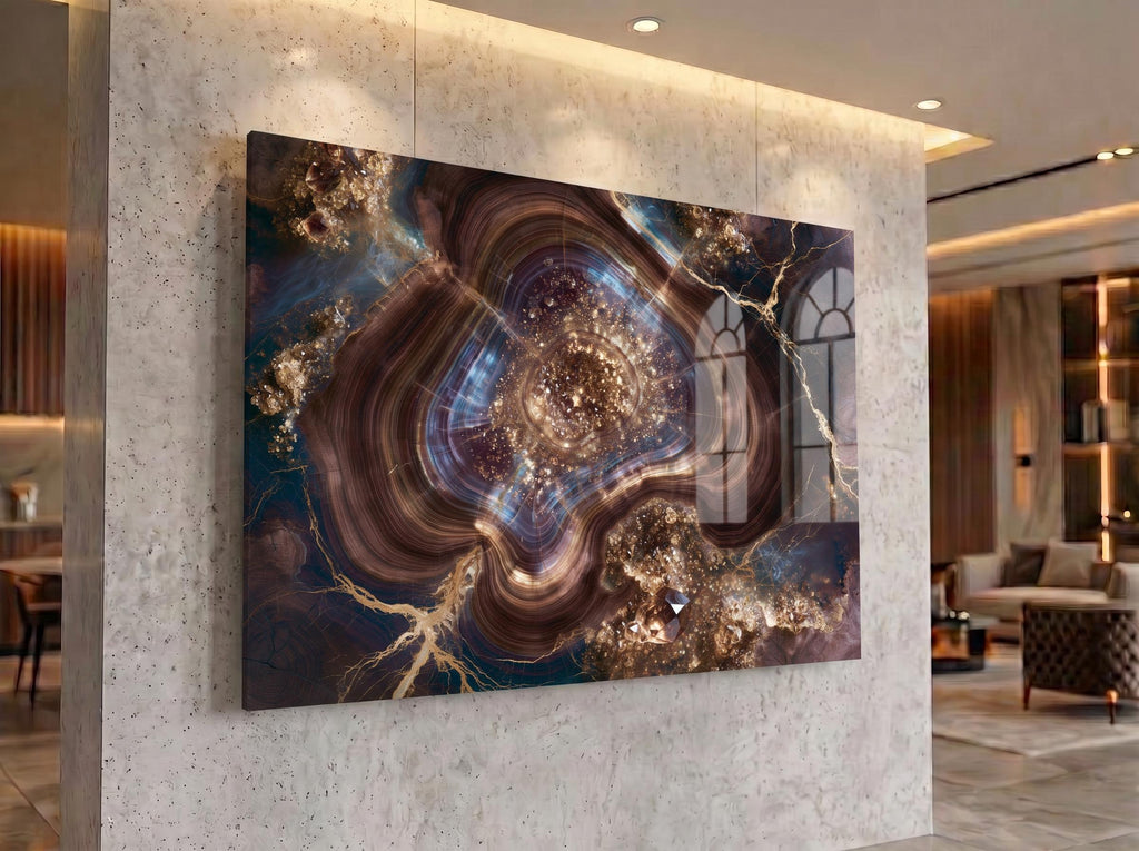 Walnut Nebula Geode Crystal AcrylGlass Wall Art, Blue Agate Abstract Decor