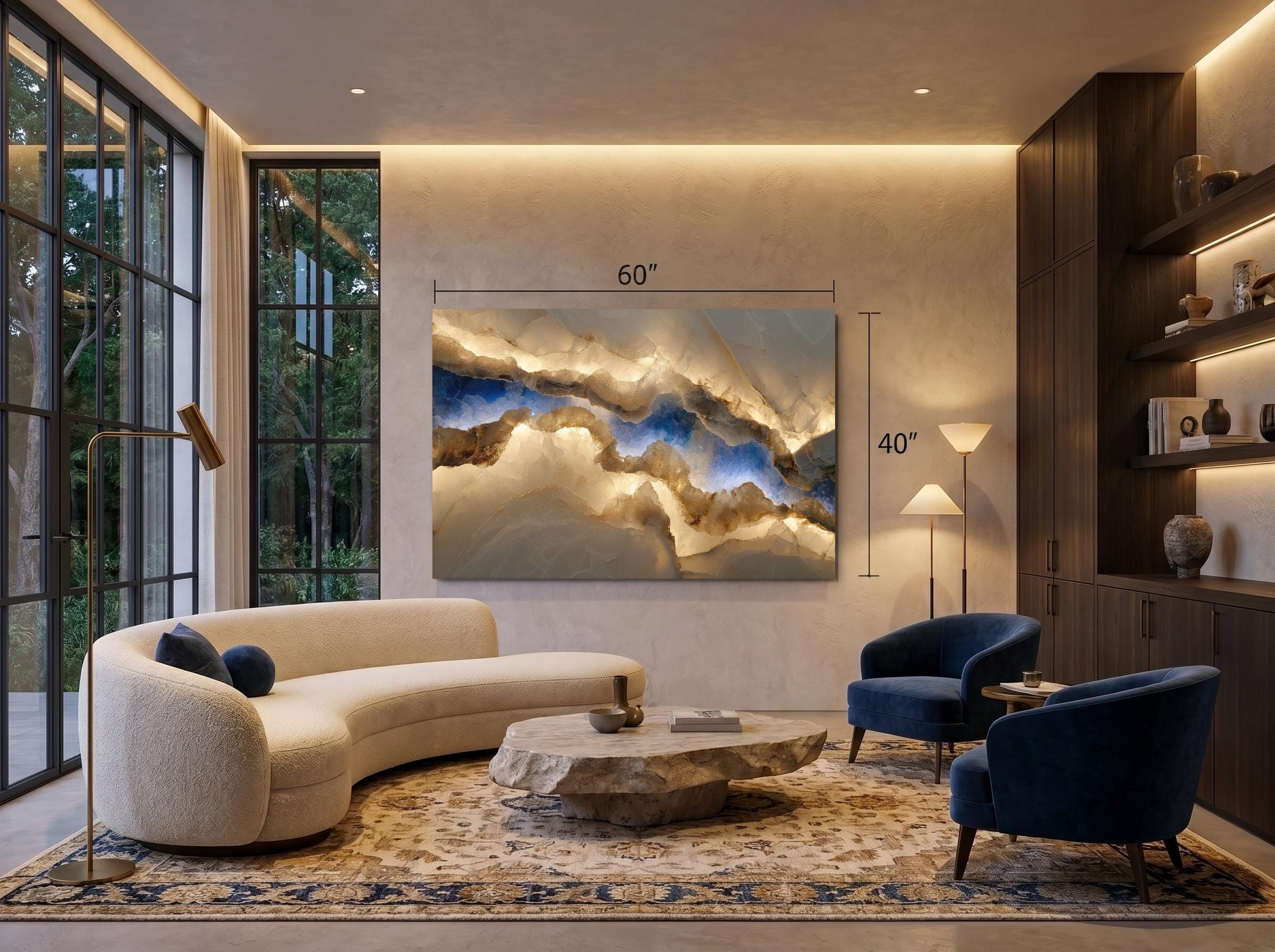Sapphire Lumina Vein Crystal AcrylGlass Wall Art, Blue Onyx Stone Inspired Statement Panel