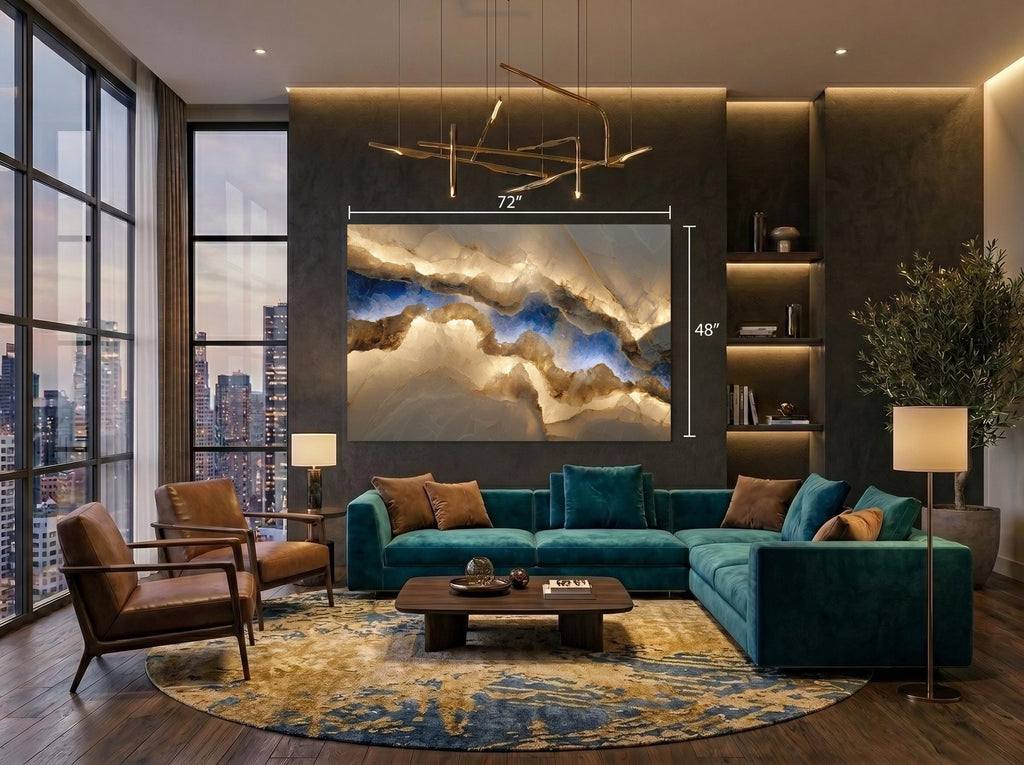 Sapphire Lumina Vein Crystal AcrylGlass Wall Art, Blue Onyx Stone Inspired Statement Panel