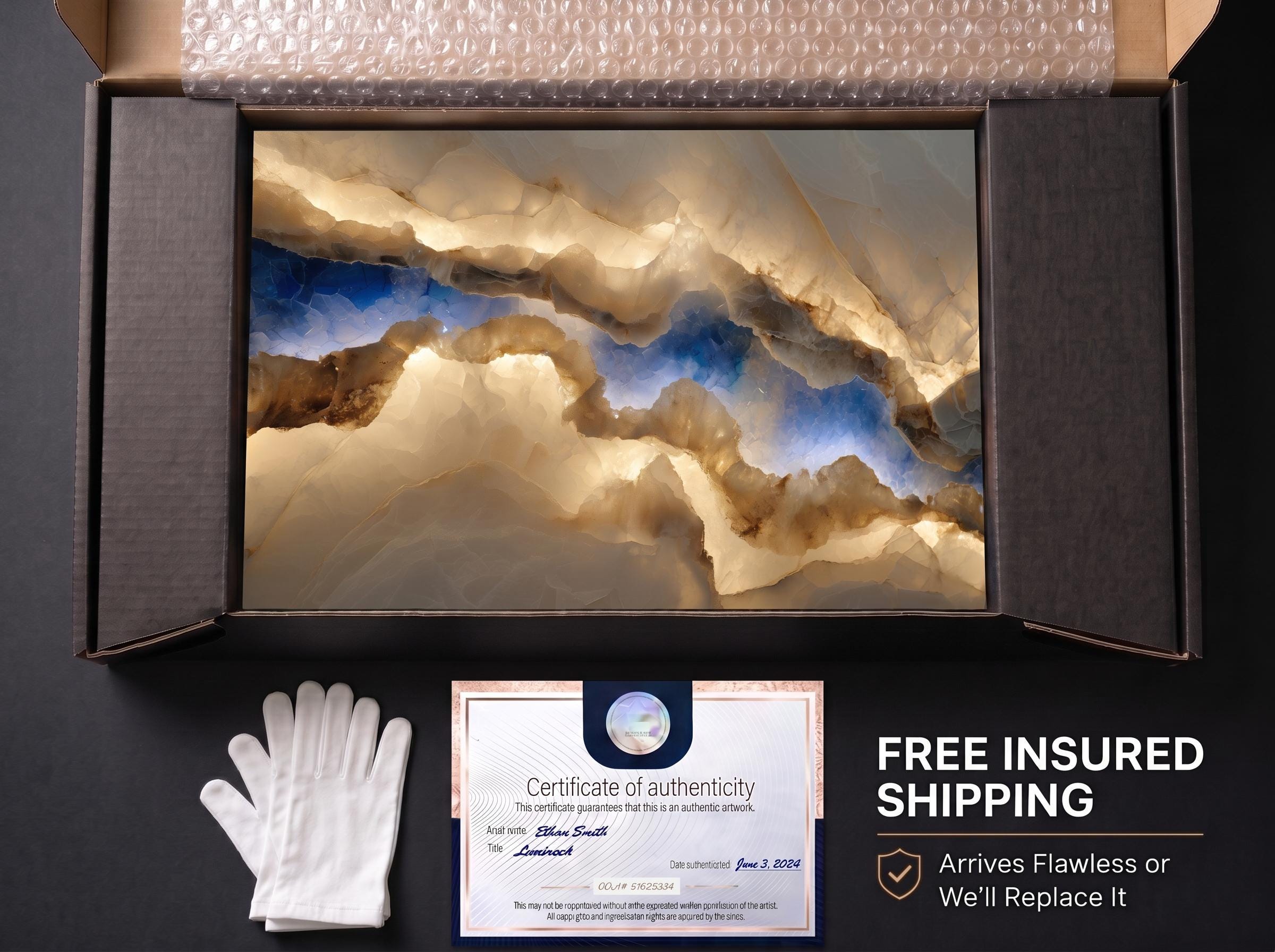 Sapphire Lumina Vein Crystal AcrylGlass Wall Art, Blue Onyx Stone Inspired Statement Panel