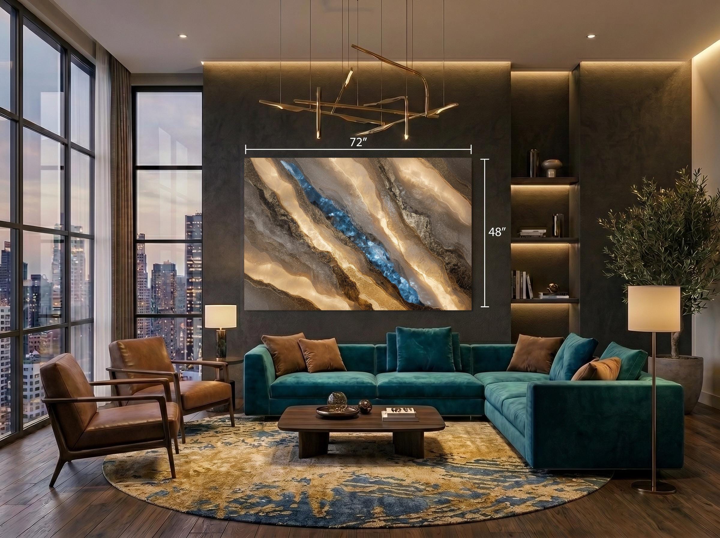 Sapphire Veil Meridian Crystal AcrylGlass Wall Art – Blue Onyx Abstract Marble Decor