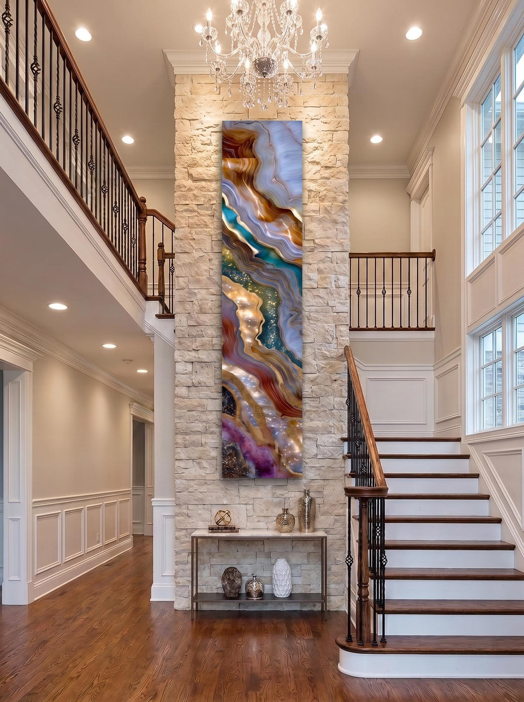 Asterion Veil - Luxury Vertical Crystal AcrylGlass Wall Art, Geode Statement Panel, Grand Staircase & Fireplace Decor