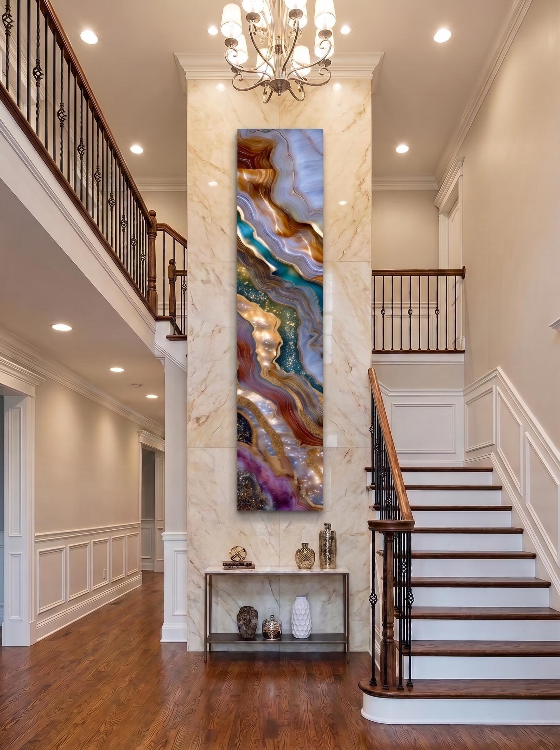 Asterion Veil - Luxury Vertical Crystal AcrylGlass Wall Art, Geode Statement Panel, Grand Staircase & Fireplace Decor
