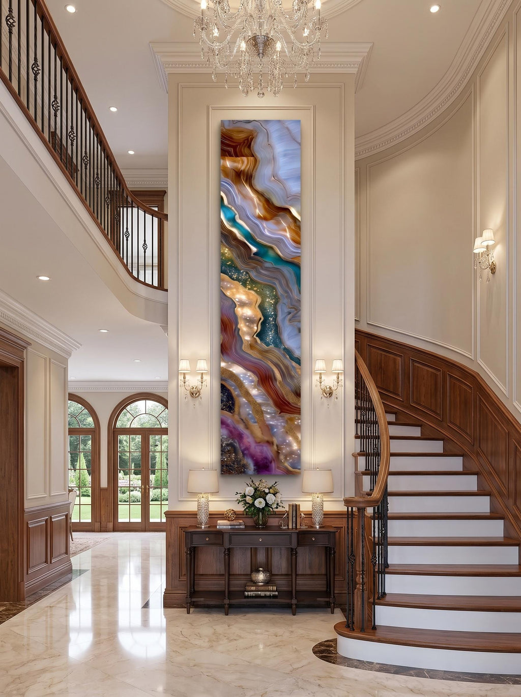 Asterion Veil - Luxury Vertical Crystal AcrylGlass Wall Art, Geode Statement Panel, Grand Staircase & Fireplace Decor