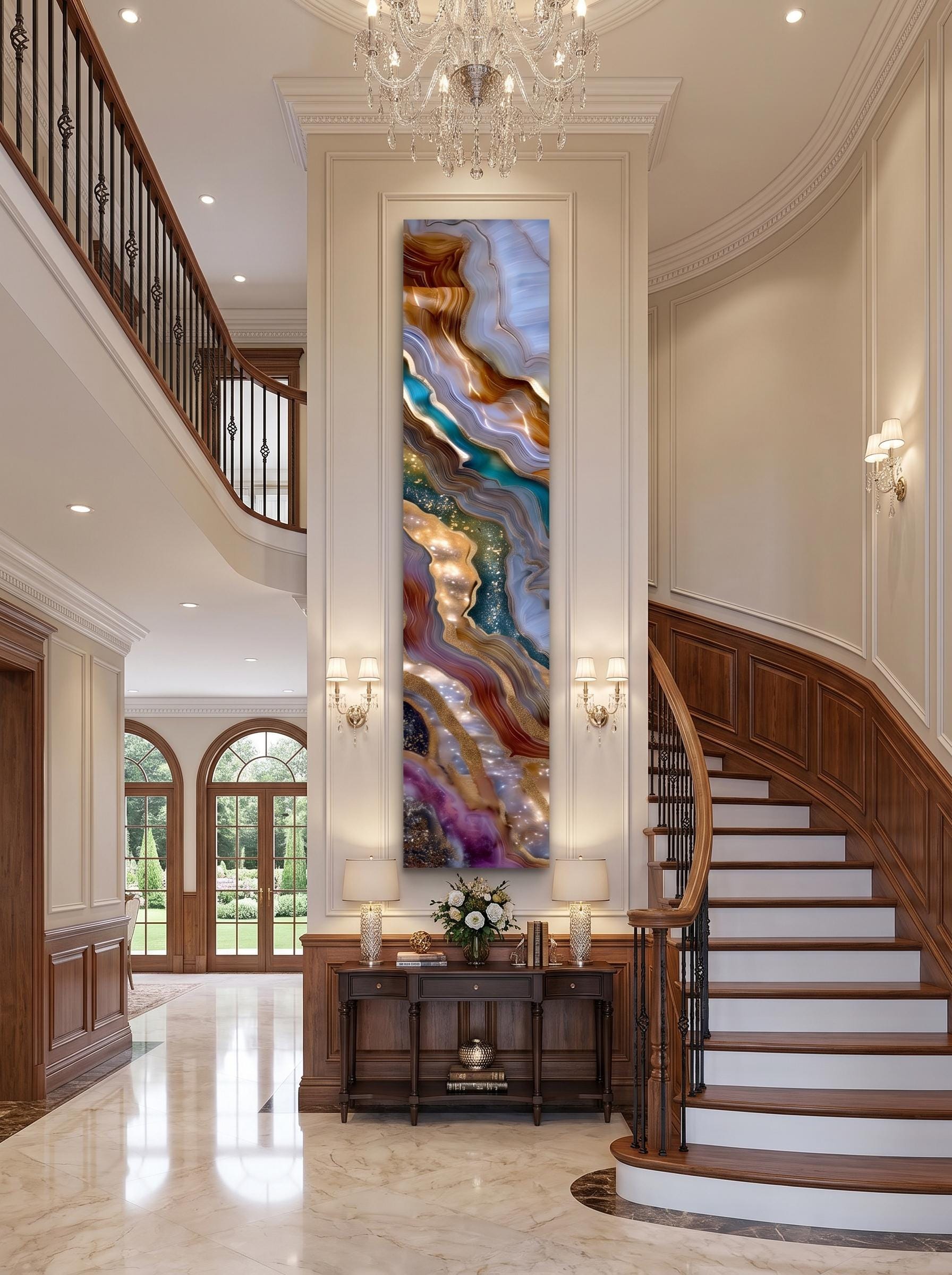 Asterion Veil - Luxury Vertical Crystal AcrylGlass Wall Art, Geode Statement Panel, Grand Staircase & Fireplace Decor