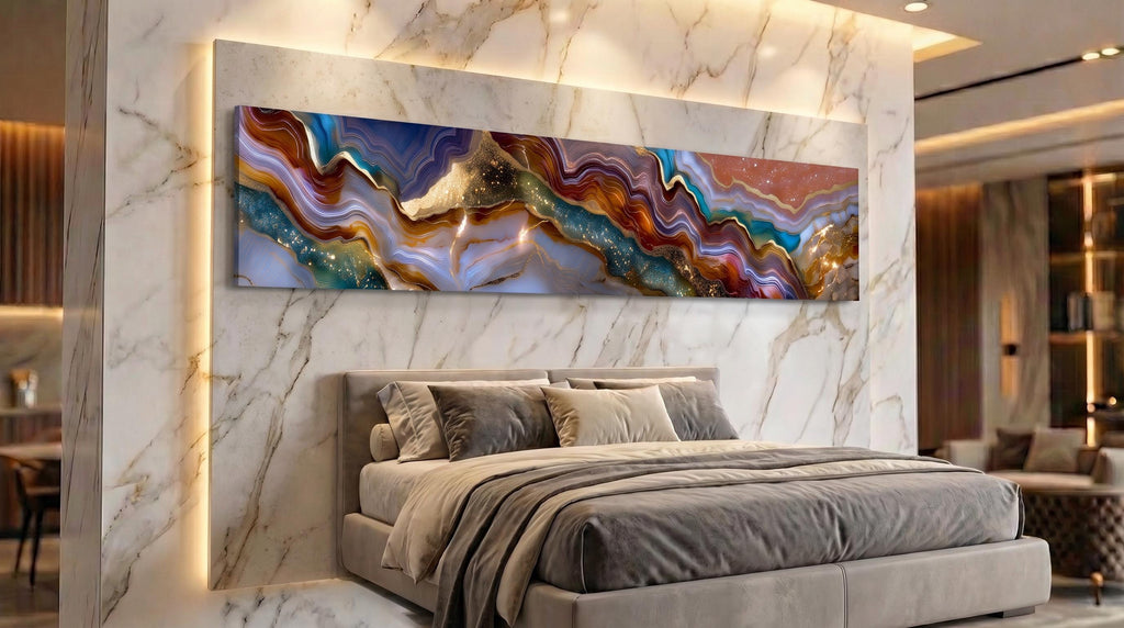 Imperium Horizon Panoramic Crystal AcrylGlass Wall Art, Luxury Blue Gold Geode Landscape, Oversized Modern Statement Decor