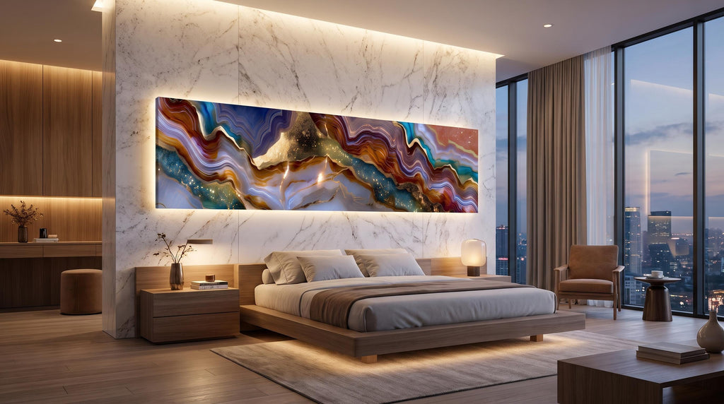 Imperium Horizon Panoramic Crystal AcrylGlass Wall Art, Luxury Blue Gold Geode Landscape, Oversized Modern Statement Decor
