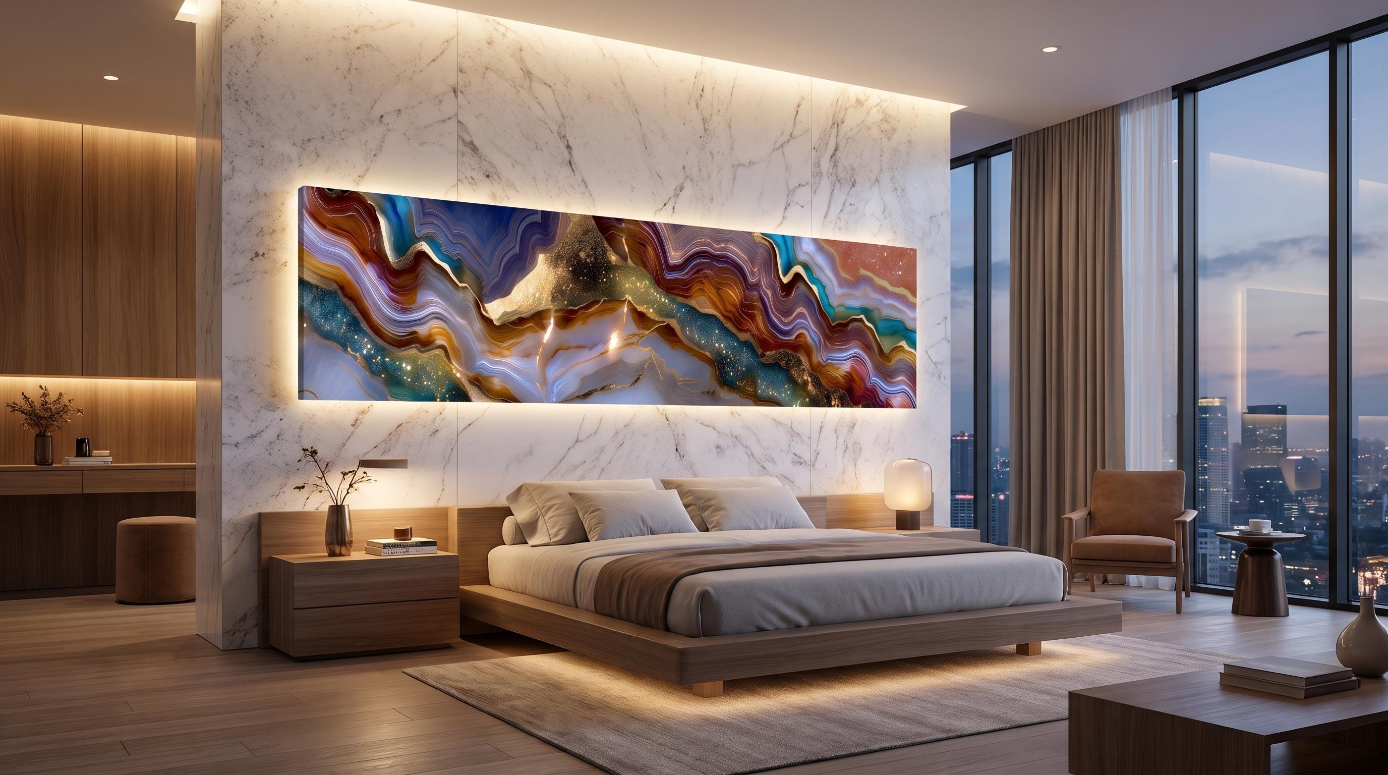 Imperium Horizon Panoramic Crystal AcrylGlass Wall Art, Luxury Blue Gold Geode Landscape, Oversized Modern Statement Decor