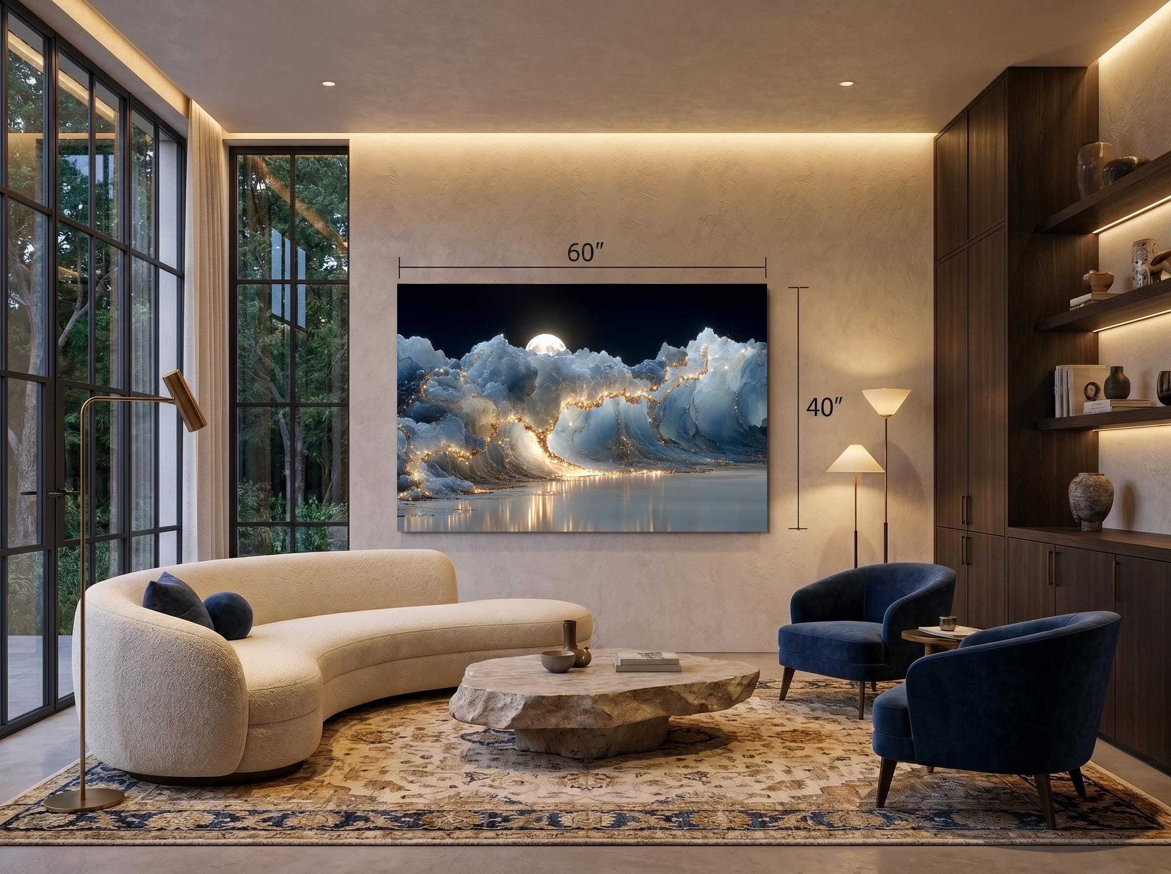 Crystal AcrylGlass Wall Art "Lunaris Veil" – Moonlit Abstract Wave, Modern Statement Decor