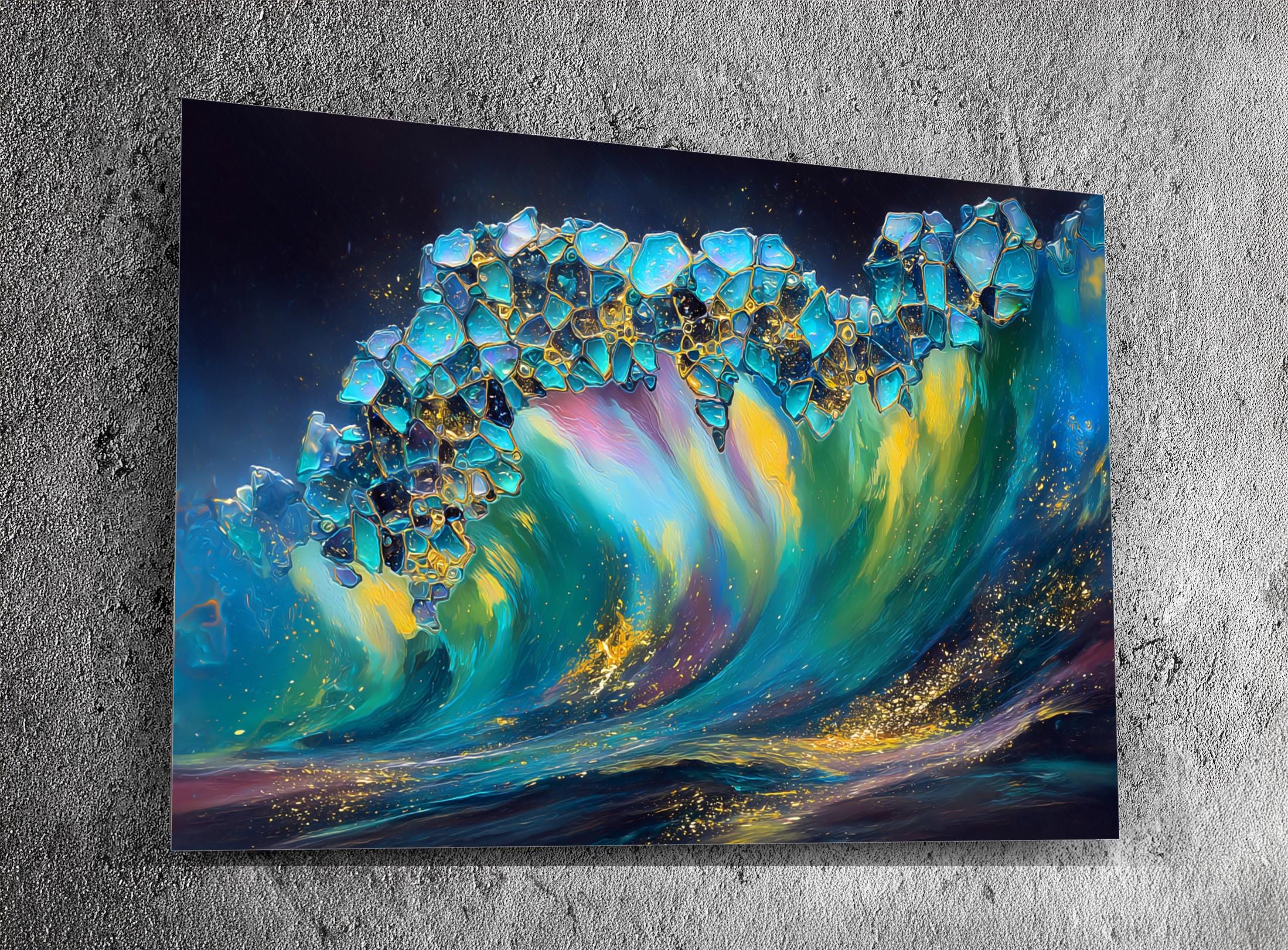 Crystal AcrylGlass Artwork “Prismwave”, Luxury Ocean Geode Statement Piece