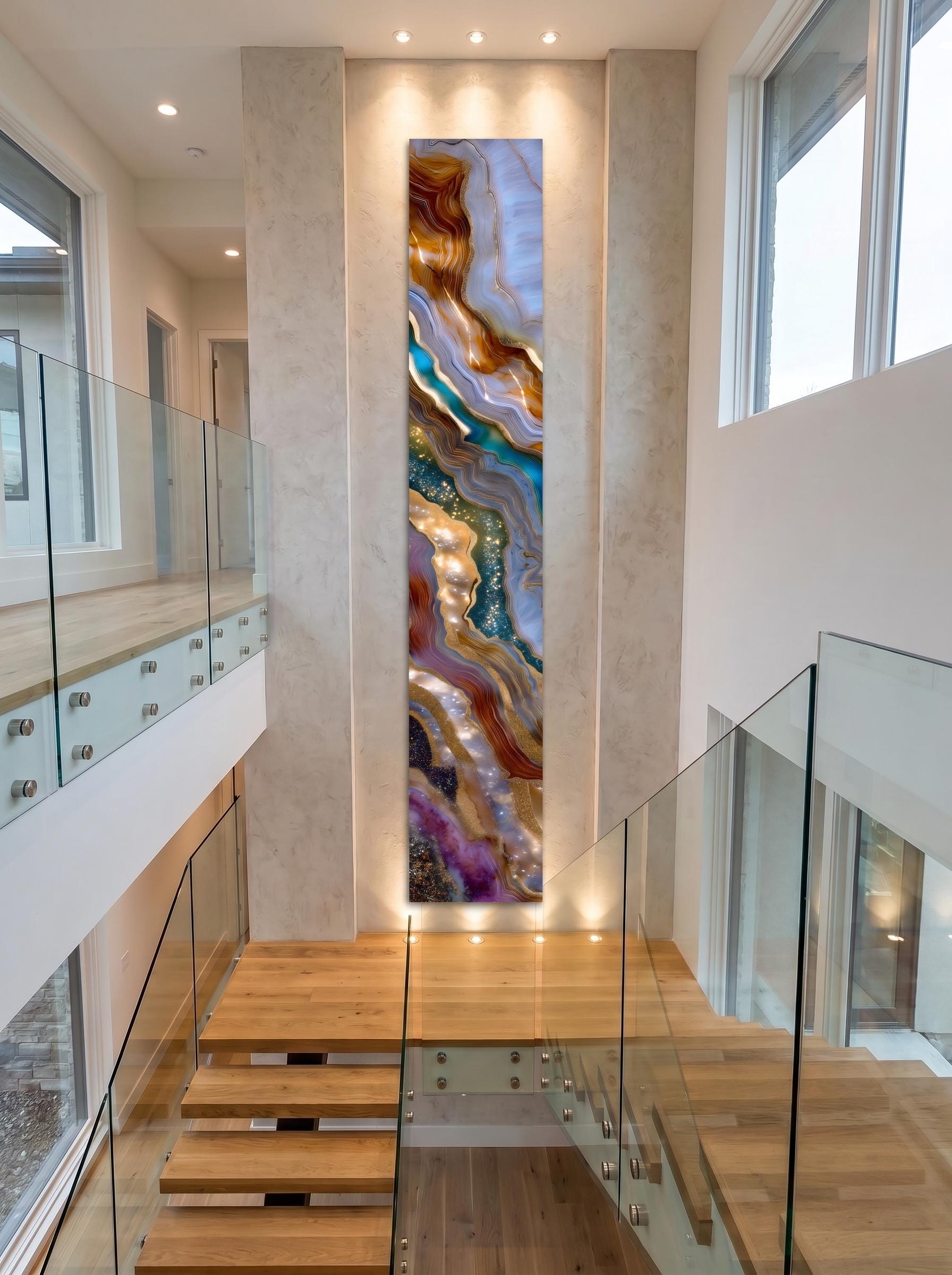 Asterion Veil - Luxury Vertical Crystal AcrylGlass Wall Art, Geode Statement Panel, Grand Staircase & Fireplace Decor