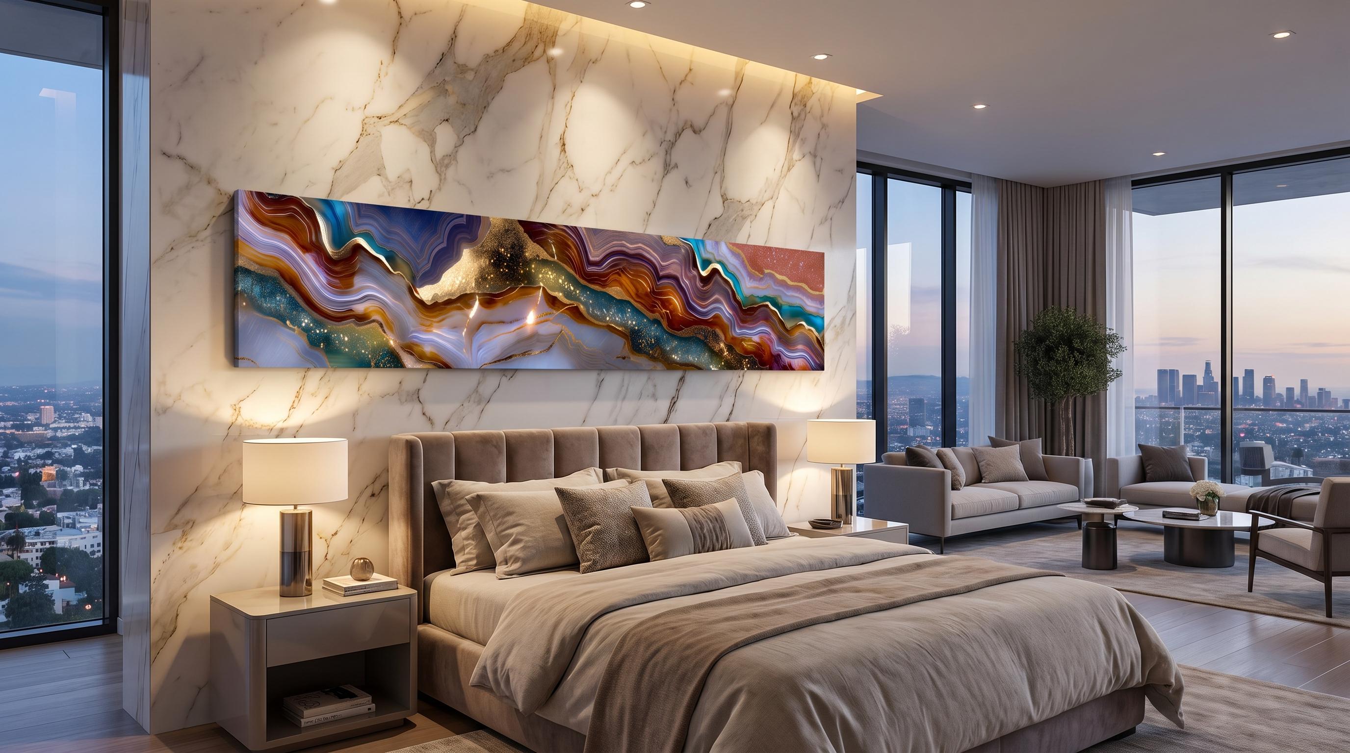 Imperium Horizon Panoramic Crystal AcrylGlass Wall Art, Luxury Blue Gold Geode Landscape, Oversized Modern Statement Decor