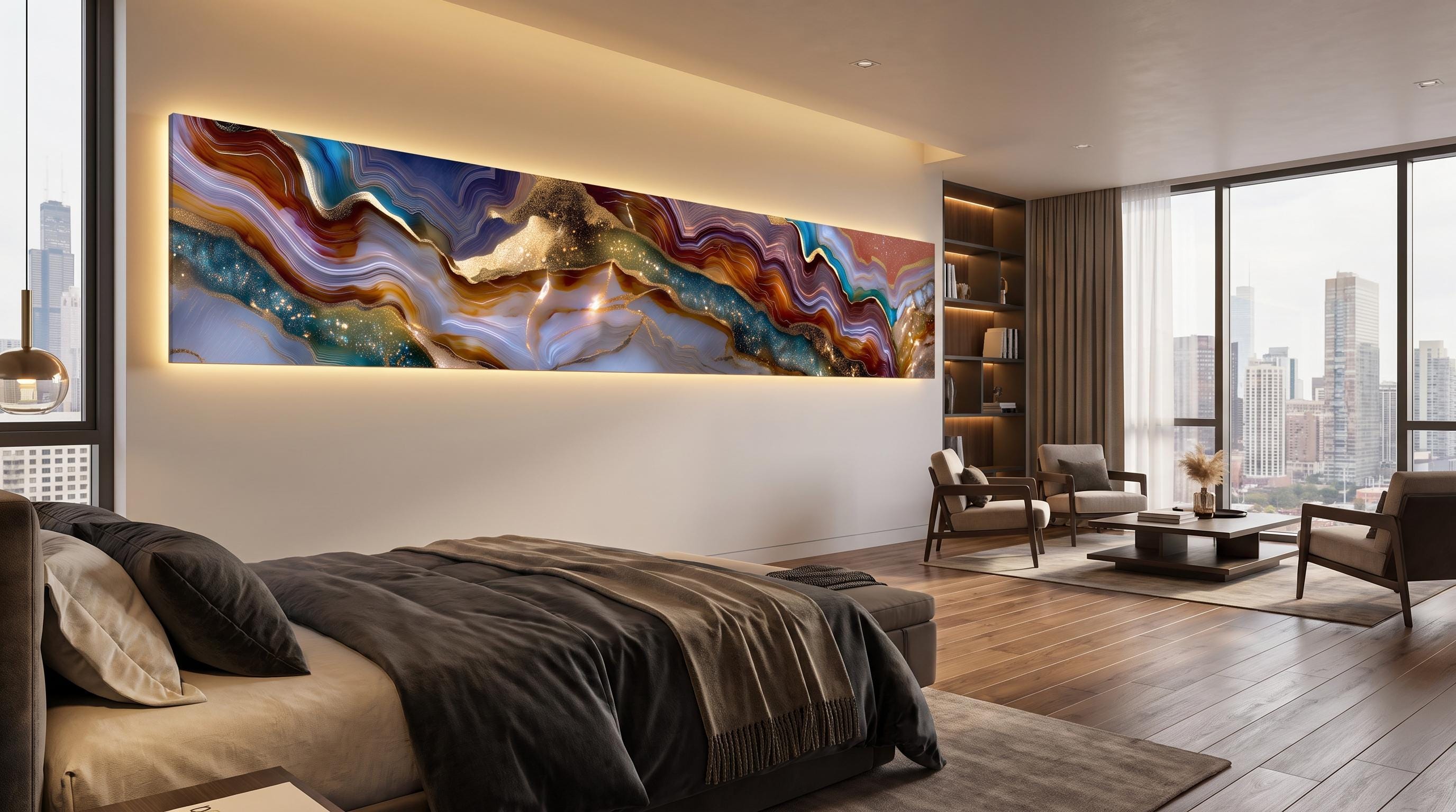 Imperium Horizon Panoramic Crystal AcrylGlass Wall Art, Luxury Blue Gold Geode Landscape, Oversized Modern Statement Decor