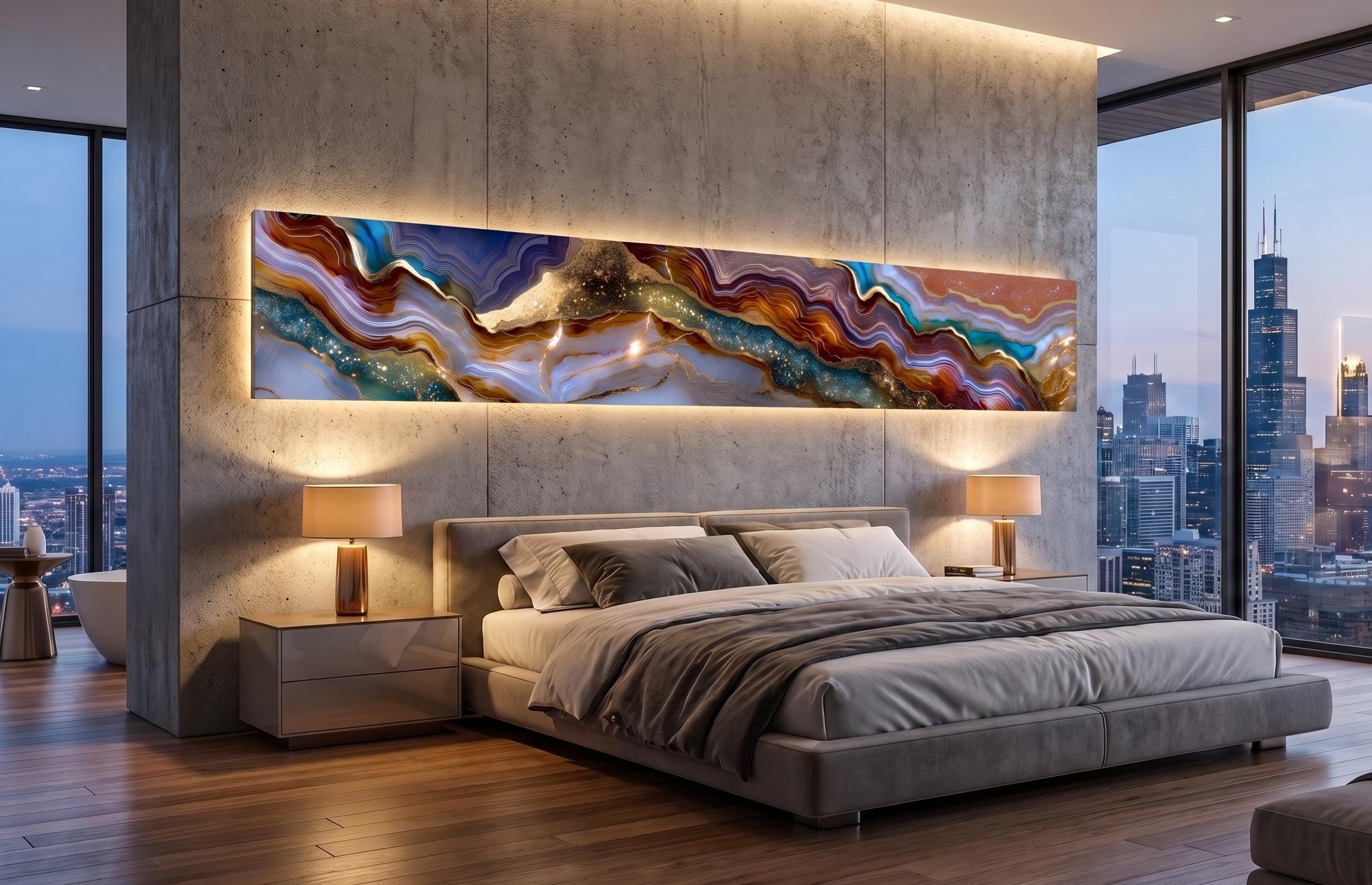 Imperium Horizon Panoramic Crystal AcrylGlass Wall Art, Luxury Blue Gold Geode Landscape, Oversized Modern Statement Decor
