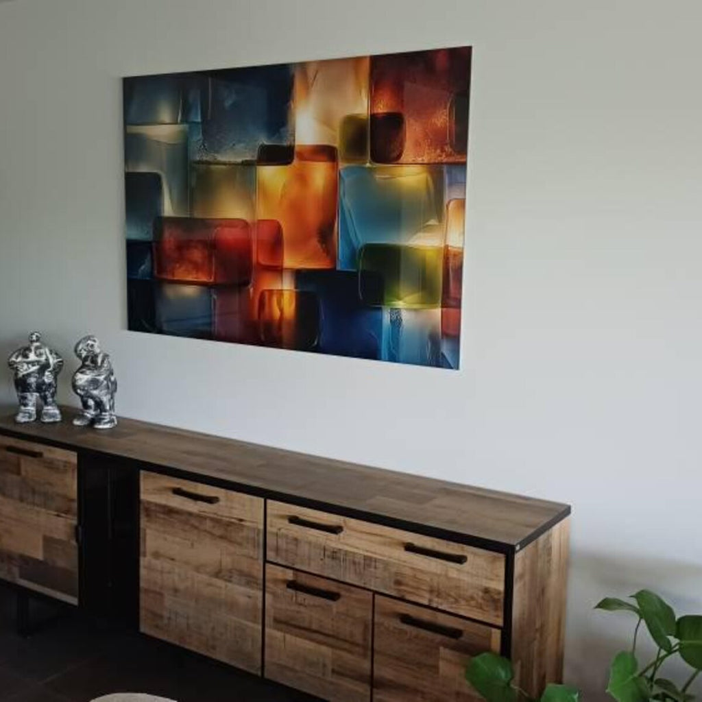 Customer photo from Etsy: Luminous Topaz & Sapphire, 60×40 in (152×102 cm), installed above a wooden sideboard. Shared with permission.